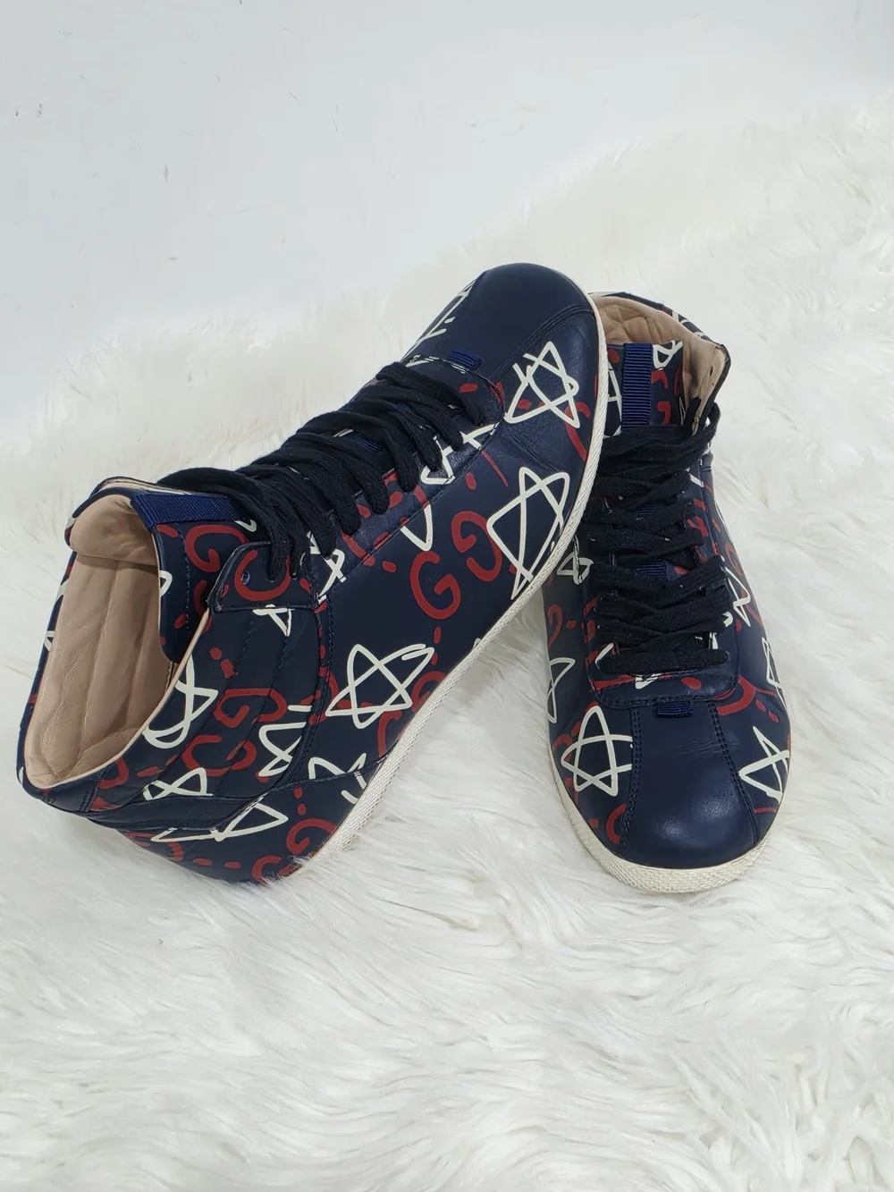 Gucci Navy High-Top Sneakers with Red & White Graphic Print